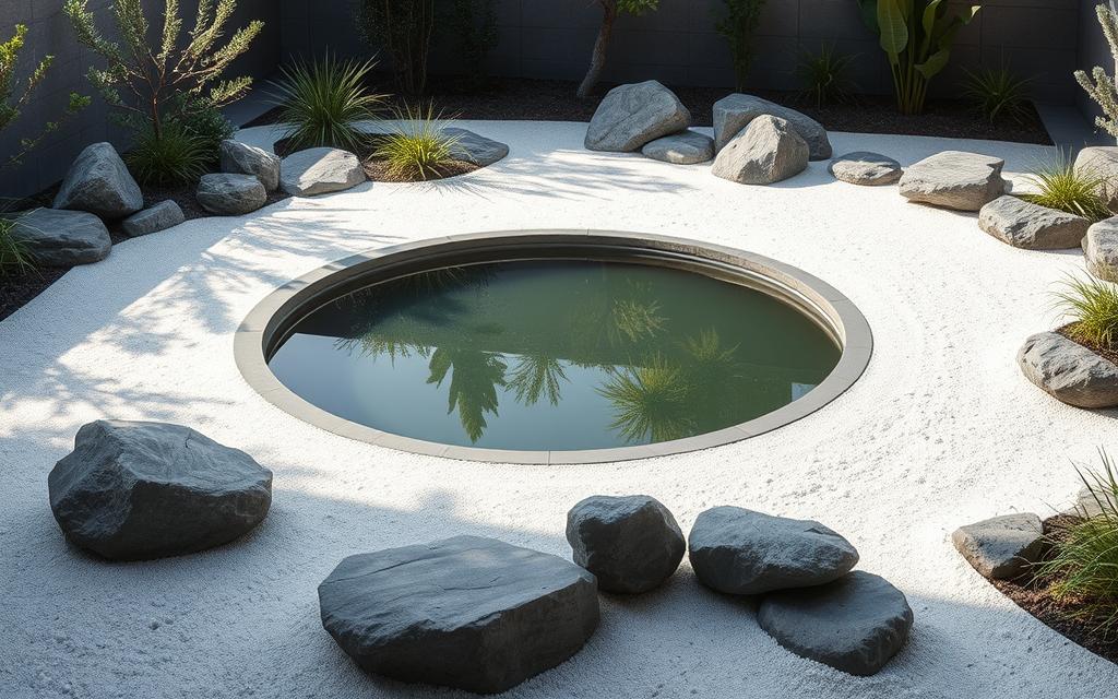 jardim zen com água, areia e pedras