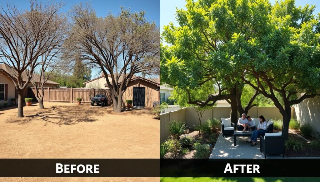 Antes e depois de um jardim transformado com a escolha da árvore certa para combater o calor Antes e depois de um jardim transformado com a escolha da árvore certa para combater o calor