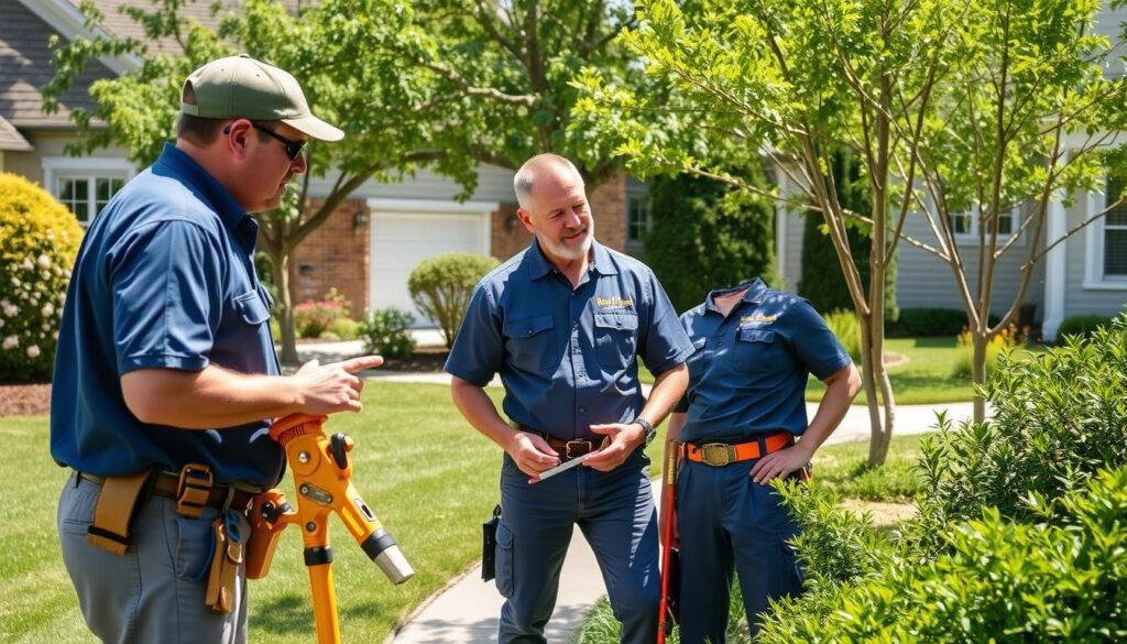 Equipe de especialistas em árvores analisando um jardim para recomendar as melhores espécies para combater o calor Equipe de especialistas em árvores analisando um jardim para recomendar as melhores espécies para combater o calor