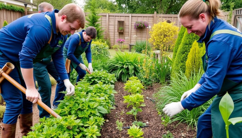 Equipe de jardinagem profissional trabalhando em um jardim dos sonhos