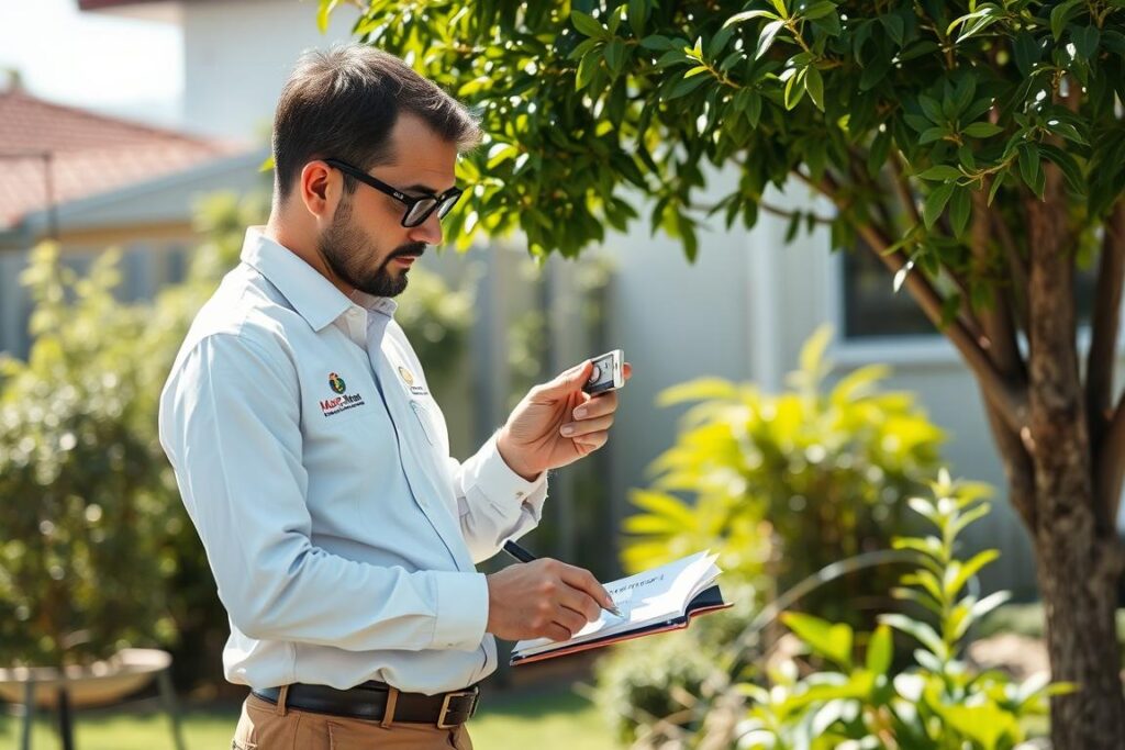 Especialista em árvores analisando solo e condições de um jardim para escolha da árvore certa para o calor Especialista em árvores analisando solo e condições de um jardim para escolha da árvore certa para o calor