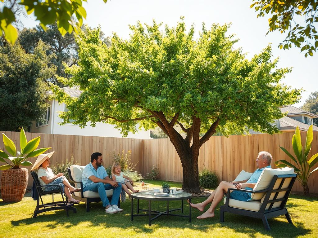 Família desfrutando de área externa sombreada por árvore escolhida por especialistas para combater o calor Família desfrutando de área externa sombreada por árvore escolhida por especialistas para combater o calor