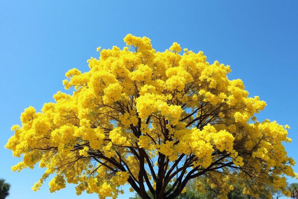 Ipê-amarelo em floração, uma das árvores nativas recomendadas para amenizar o calor em espaços amplos Ipê-amarelo em floração, uma das árvores nativas recomendadas para amenizar o calor em espaços amplos