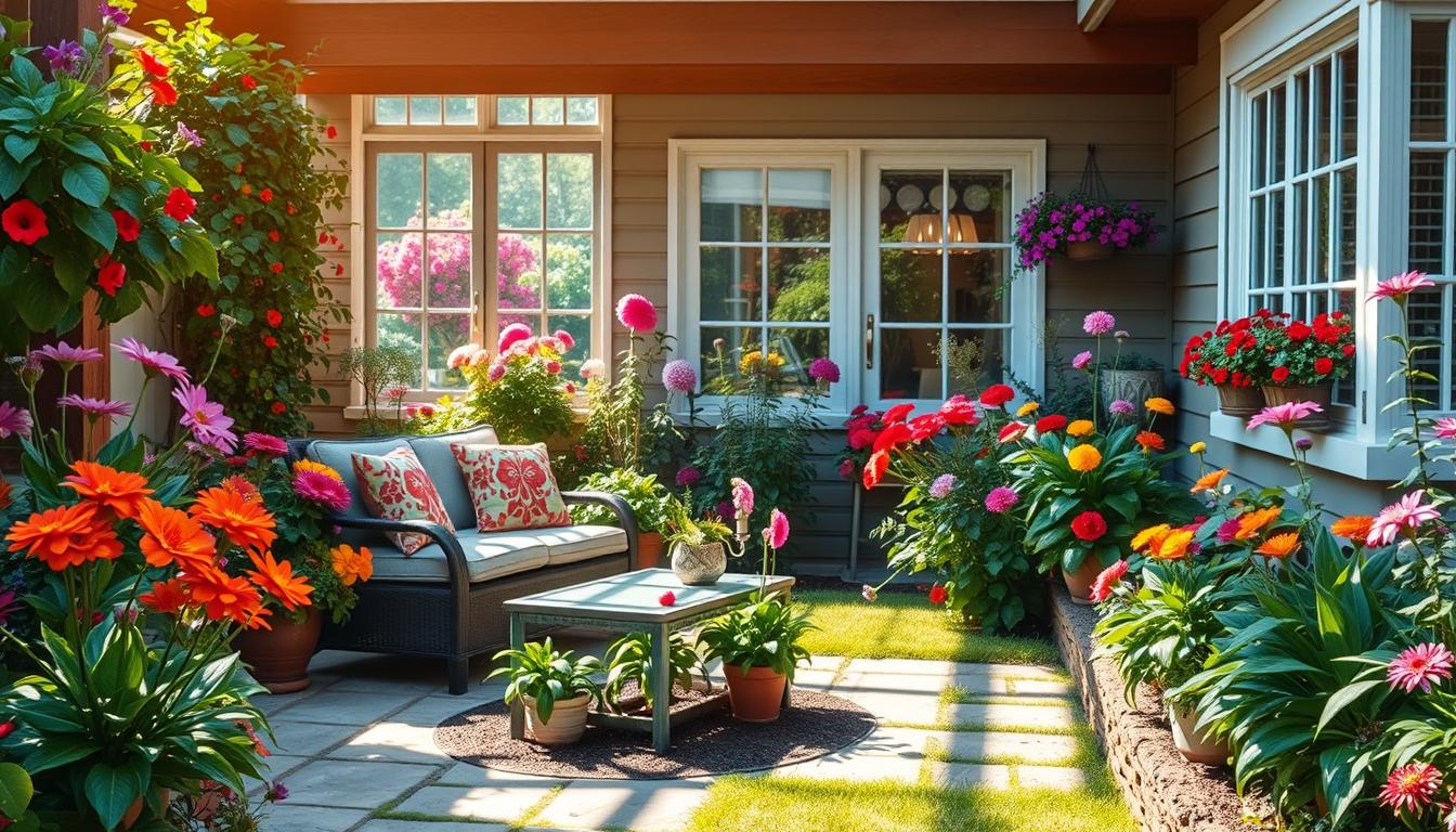 Jardim em casa com flores coloridas e espaço de relaxamento