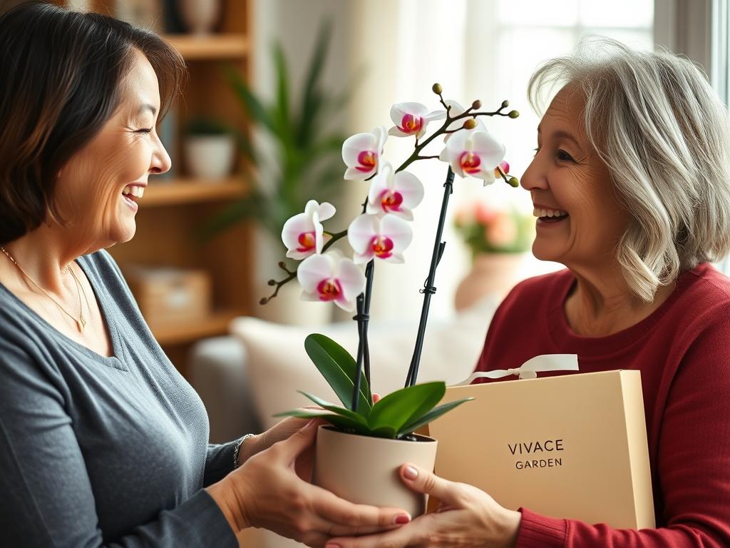 Mãe recebendo um vaso de orquídeas da Vivace Garden como presente Mãe recebendo um vaso de orquídeas da Vivace Garden como presente