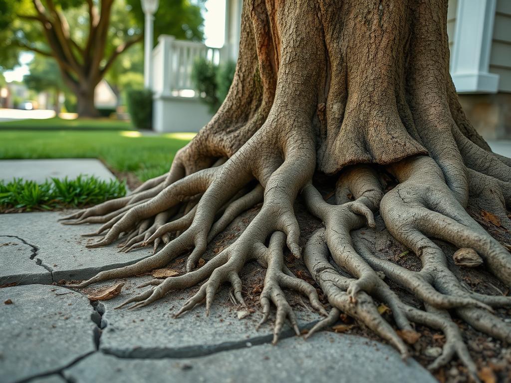 Raízes de árvore quebrando calçada e fundação de casa, mostrando consequências da escolha errada de árvore para ambiente urbano Raízes de árvore quebrando calçada e fundação de casa, mostrando consequências da escolha errada de árvore para ambiente urbano