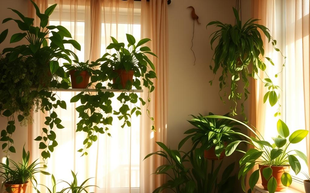 A cozy apartment interior with lush greenery thriving in natural light. A Vivace Garden of diverse potted plants, their leaves and vines cascading elegantly across shelves and windowsills. Warm, soft lighting filters through sheer curtains, casting a serene, inviting atmosphere. The plants appear healthy and vibrant, their verdant foliage creating a sense of tranquility and connection to nature, even in an urban setting. Emphasize the plants' ability to purify the air and boost mood, reflecting the benefits of having indoor greenery beyond just aesthetics.