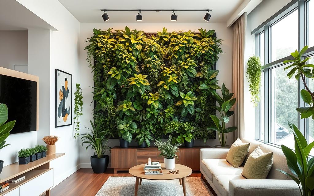 Crie uma imagem de um jardim vertical em um apartamento moderno