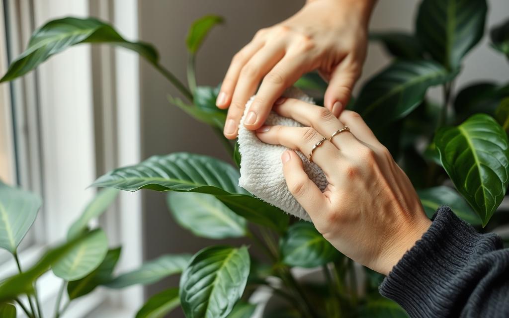 Imagem de alguém limpando as folhas de uma planta