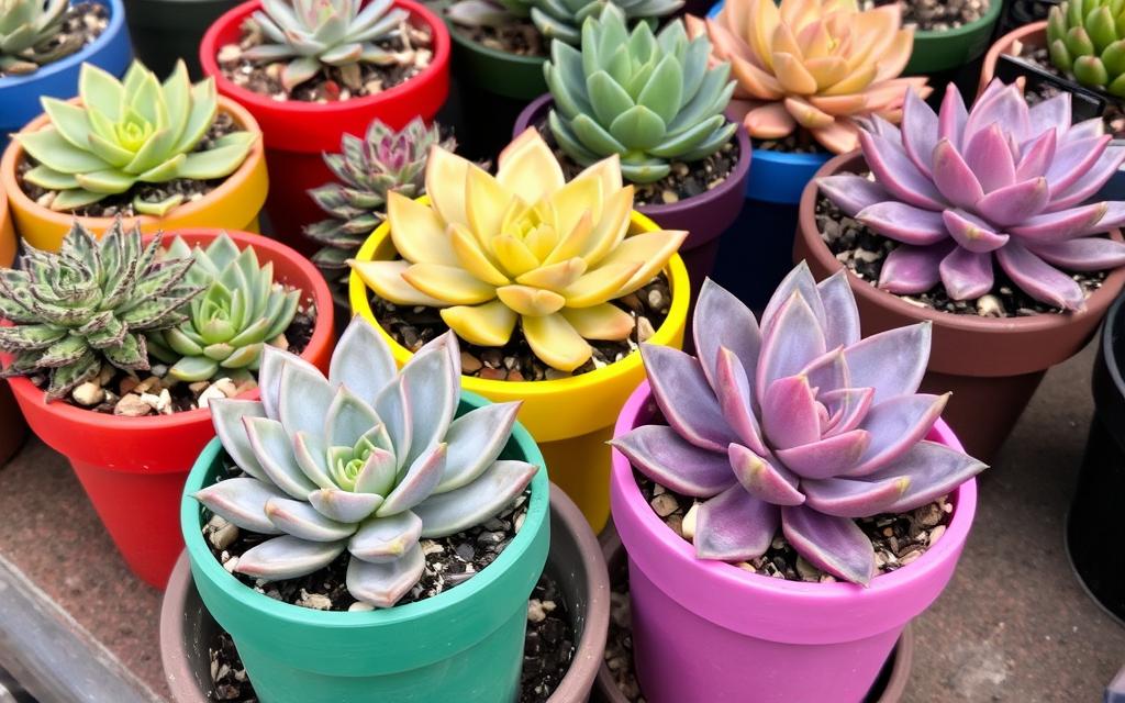 Imagem de suculentas Echeveria em vasos coloridos