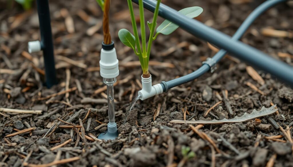 Sistema de irrigação por gotejamento em jardim na estação seca Sistema de irrigação por gotejamento em jardim na estação seca